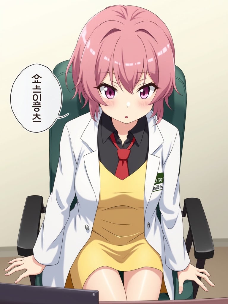 A girl sits at a desk in an office. She has pink hair and pink eyes. She wears a yellow dress with a white lab coat and a black shirt with a red tie. She looks slightly surprised and glances to the right. A chat bubble with Korean text is in front of her. The background is minimalistic and emphasizes the character. The mood is light and playful with an anime art style. She has silver cat-like eyes and pale skin with a heart-shaped face.