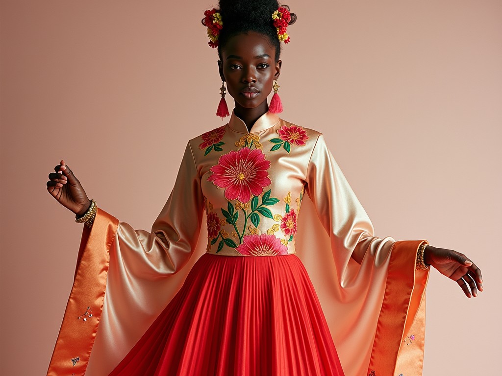 A woman stands gracefully against a soft pink background, wearing an exquisite silk outfit adorned with large, vibrant floral patterns. The top features flowing sleeves and intricate embroidery, while the skirt is pleated and shares the same lively color scheme. Her hair is elegantly styled, complemented by floral accessories that enhance the regal atmosphere of the scene.