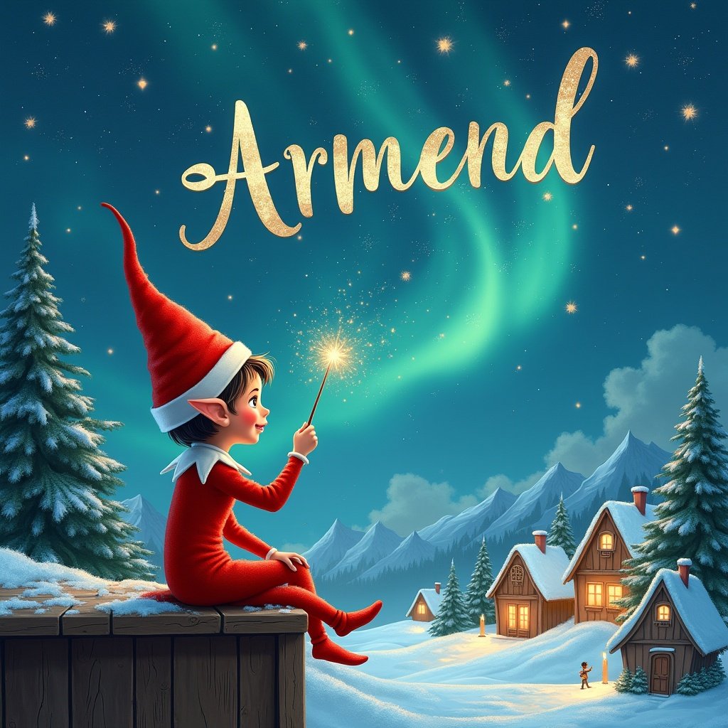 An elf sits on a wooden ledge, looking out at a magical sky. Dressed in a bright red suit with a pointed hat, the elf holds a sparkling wand. The wand is used to write 'Armend' in the nighttime sky filled with stars. In the background, a snowy landscape with cozy little houses and tall evergreen trees can be seen. The scene is illuminated by beautiful shimmering Northern Lights, creating a whimsical and festive atmosphere. The elf also writes 'Daniel' in the same starry sky, enhancing the enchanting feel of the image.