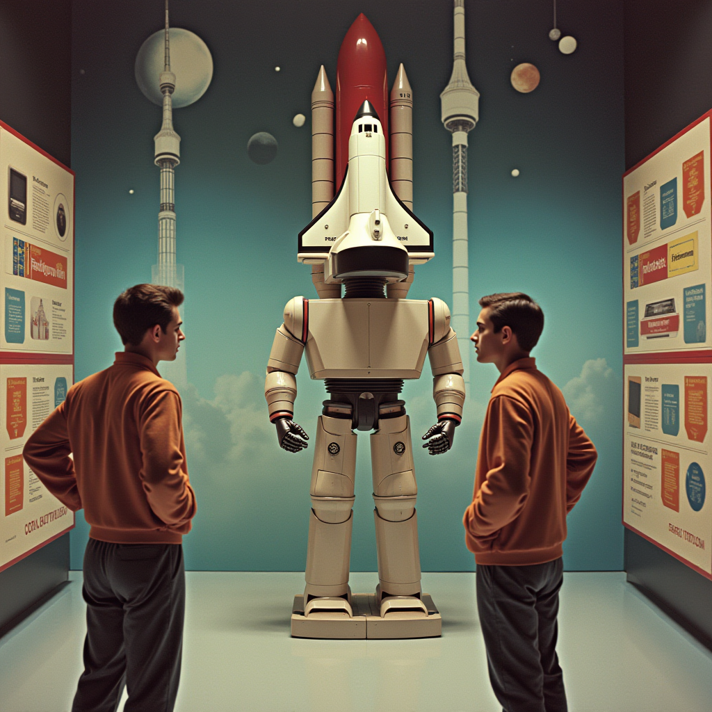 Two people in matching orange outfits examine a futuristic white robot with a space shuttle head against a celestial backdrop.