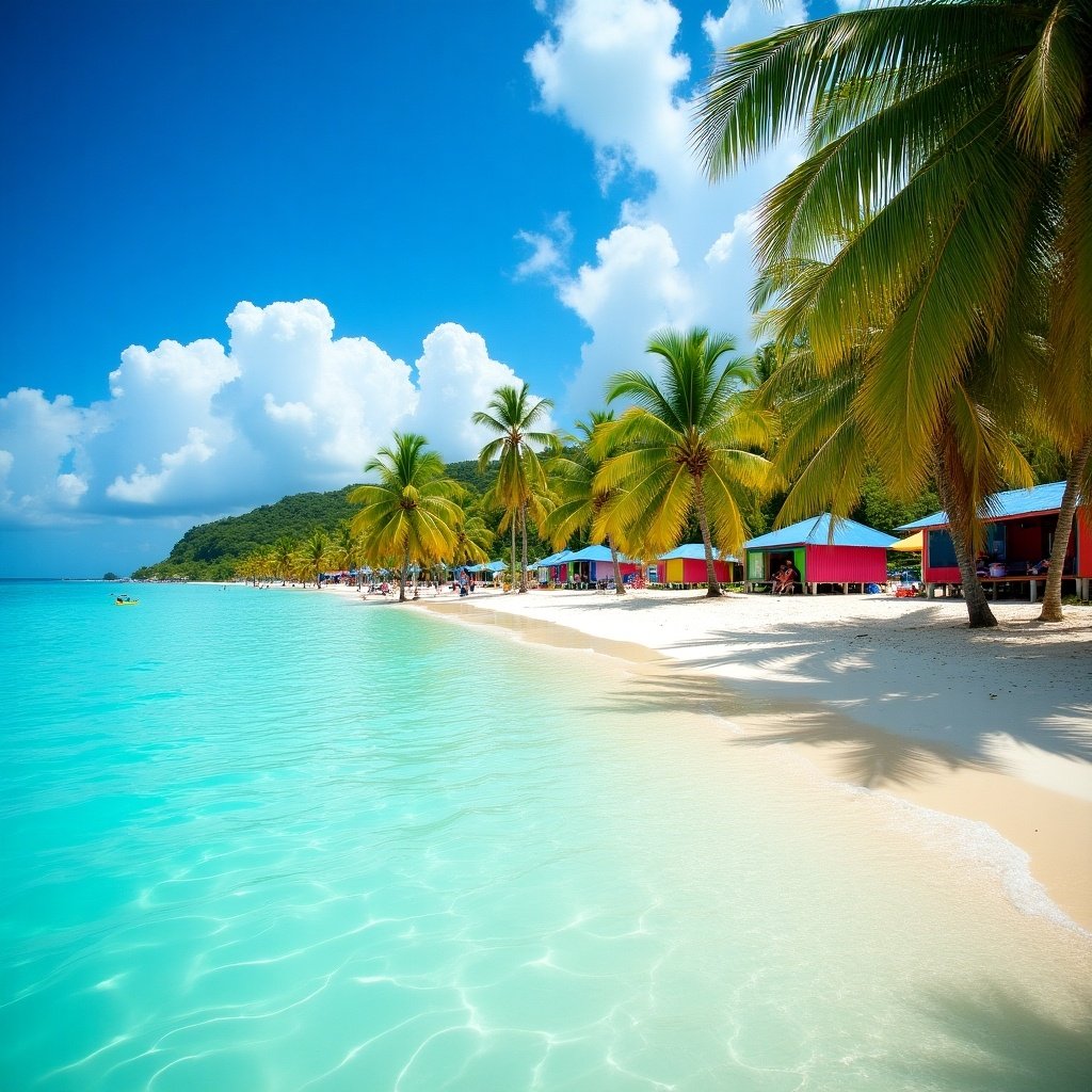 The image depicts a stunning beach in Jamaica, featuring powdery white sand and crystal-clear turquoise waters. Lining the beach are vibrant, colorful huts shaded by tall palm trees, creating a picturesque tropical scene. The bright blue sky is dotted with fluffy white clouds, adding to the idyllic atmosphere. Visitors can be seen enjoying the beach, making the most of the sunny day. This setting evokes feelings of relaxation and adventure, ideal for vacationers seeking a Caribbean escape.