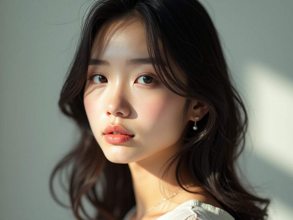 The image portrays a young woman with a serene expression, adorned in subtle makeup. Soft lighting casts gentle shadows, adding depth to her complexion. Her flowing dark hair frames her face, while a delicate pearl earring adds a touch of sophistication.