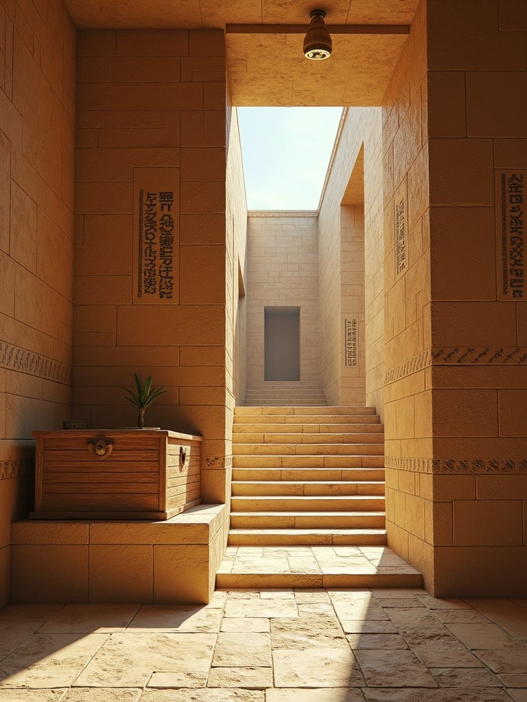 Scene depicts an interior of an Egyptian pyramid. Features intricate walls with hieroglyphs and murals. Stairs and arches create impossible geometries. Natural light illuminates the space. There is a wooden crate overflowing with artifacts. Room exudes beauty and wonder.