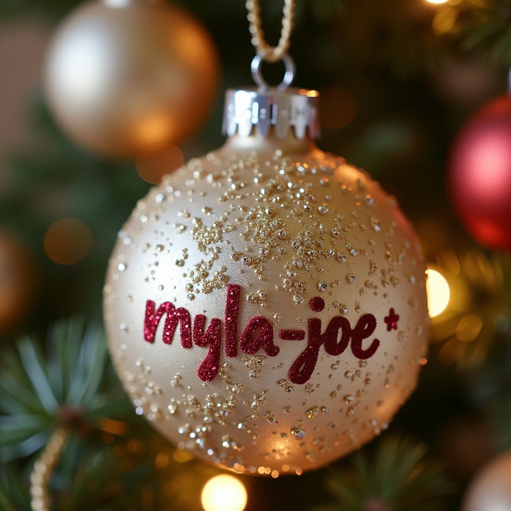 This image features a beautifully designed Christmas bauble that sparkles with gold glitter. The ornament prominently displays the name 'myla-joe' in a festive red font. The background is softly illuminated by warm lights, creating a cozy holiday atmosphere. It is hanging on a green Christmas tree adorned with various ornaments. This bauble would make a delightful personalized gift during the festive season.