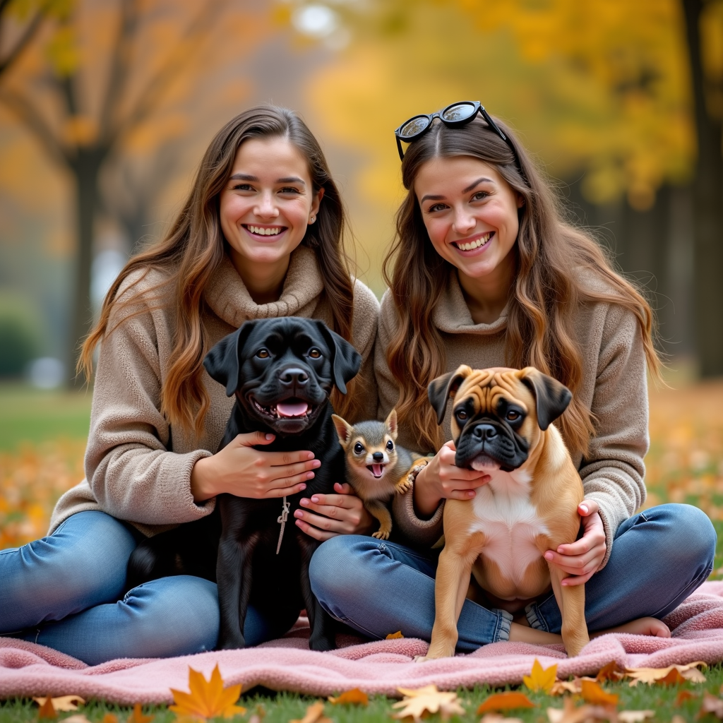 Two smiling women pose with a black dog, a brown dog, and a squirrel on a blanket amid autumn leaves.