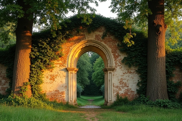 Ruined wall with a small Romanesque arched window. Wall is covered in vines and moss. Two large box trees flank the sides. Evening sunlight creates a warm glow on the wall and tree tops. Sparse ground vegetation can be seen. No gate is present.