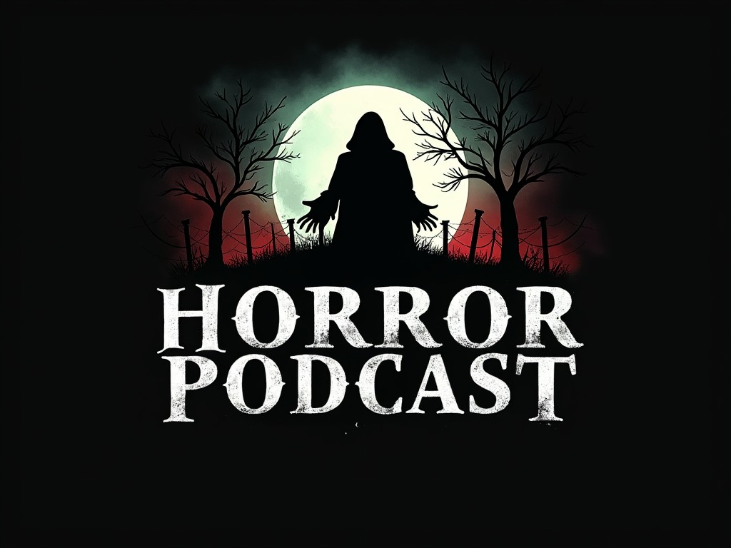 The image features a dark silhouette of a hooded figure with outstretched arms, set against a large moon. Surrounding the figure are barren trees and a dimly lit, ominous background. The title "Horror Podcast" appears prominently at the bottom in a bold, distressed font. The color palette includes shades of black, white, and hints of red, contributing to a creepy aesthetic. This artwork embodies the eerie themes often associated with horror storytelling.