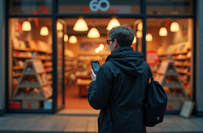 A person in a dark jacket stands outside a warmly lit bookstore, looking at their phone.