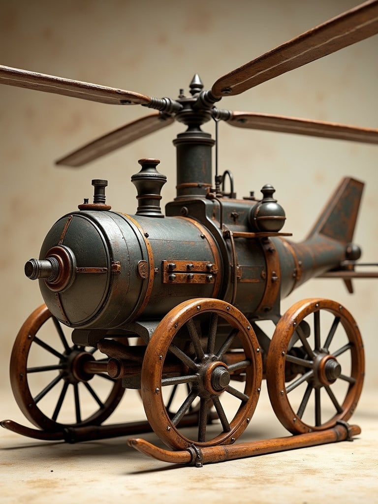 Steam boiler helicopter inspired by Leonardo da Vinci. Combination of wood leather and tin. Four wagon wheels as landing gear. Focused on the horizontal steam boiler design. High level of detail and realism.