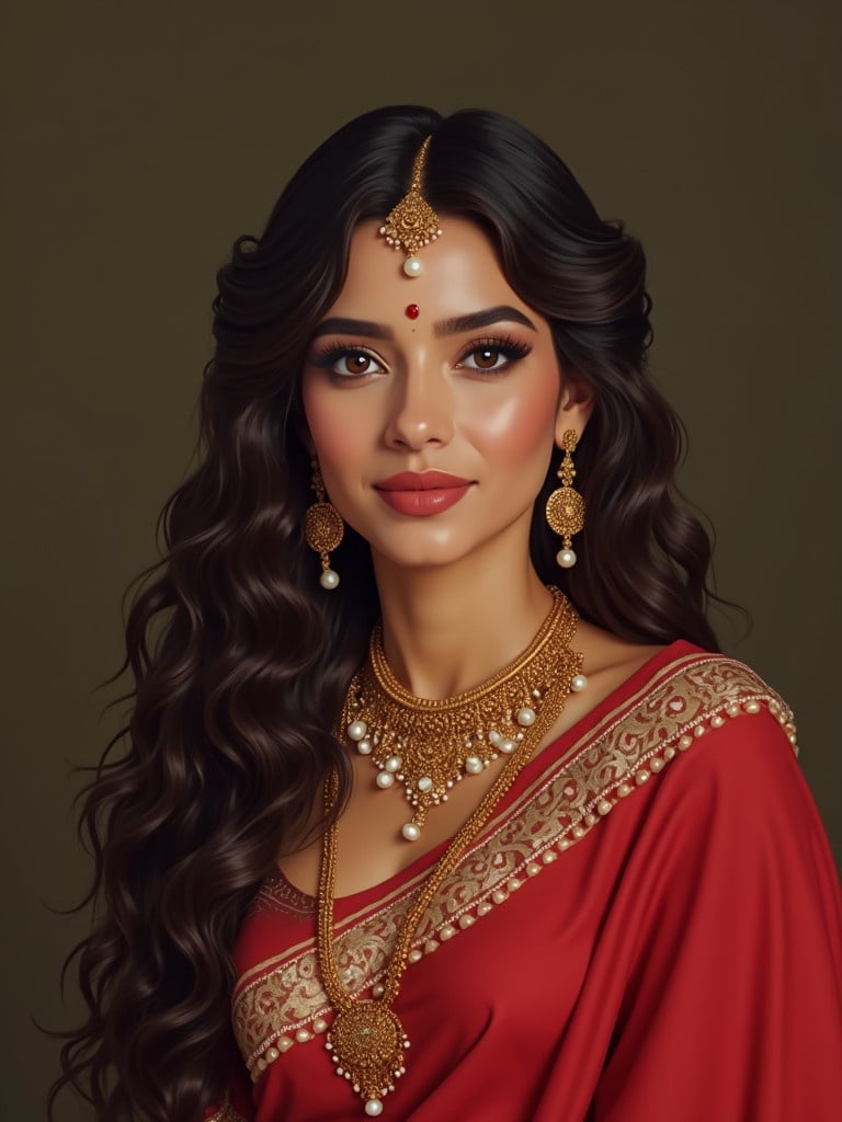 Queen wears a traditional Indian red saree. She adorns intricate gold jewelry. Her long wavy hair flows elegantly. A bindi accentuates her forehead. Her expression holds calmness and elegance symbolizing beauty and tradition.