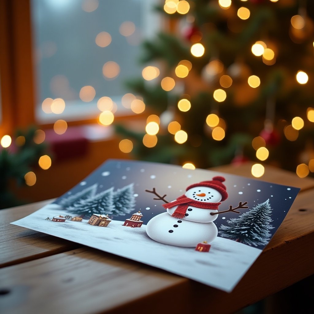 A Christmas card lies on a wooden bench. The card shows a joyful snowman smiling. There are winter trees and snowfall in the background. Christmas tree decorations out of focus appear around the card.