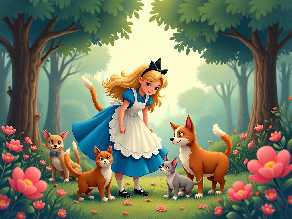 A girl in a blue dress with a black bow, surrounded by adorable cartoon animals in a lush, colorful forest, done in a Disney-like art style