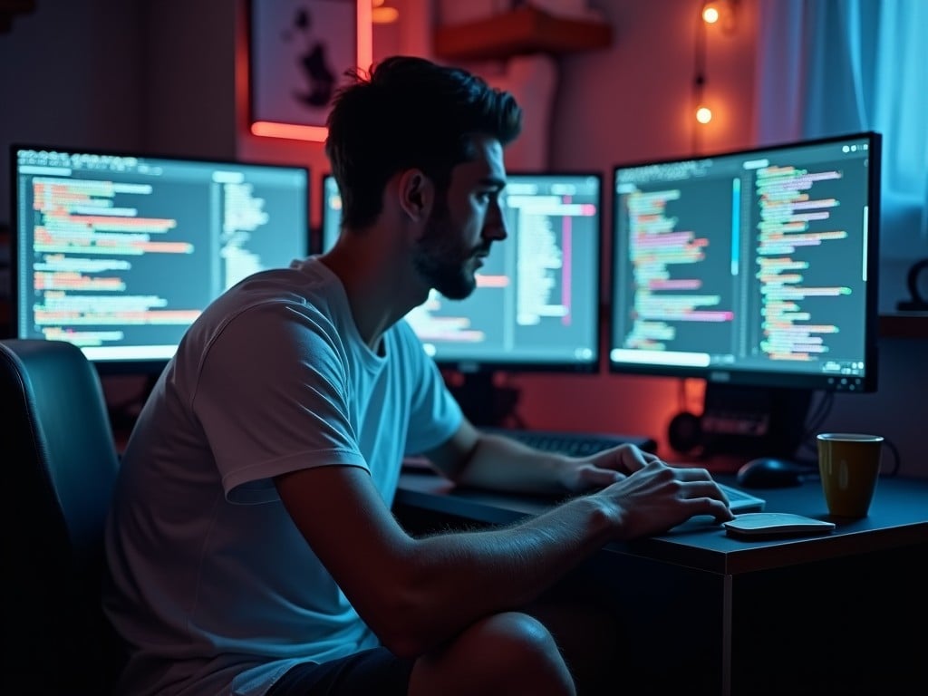 A person working at a desk with multiple computer monitors displaying code, in a dimly lit room with soft, ambient lighting and a mug nearby.