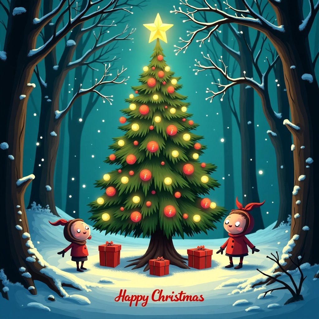 Christmas-themed image with a whimsical cartoon style. Features a snowy forest and a Christmas tree in the center. The tree has glowing ornaments and twinkling lights. Quirky characters with expressive faces stand around it. Hidden symbols are scattered in the snow. The scene has a magical atmosphere with deep colors. Detailed snowflakes and decorations enhance the winter setting. Text 'Happy Christmas' at the bottom.