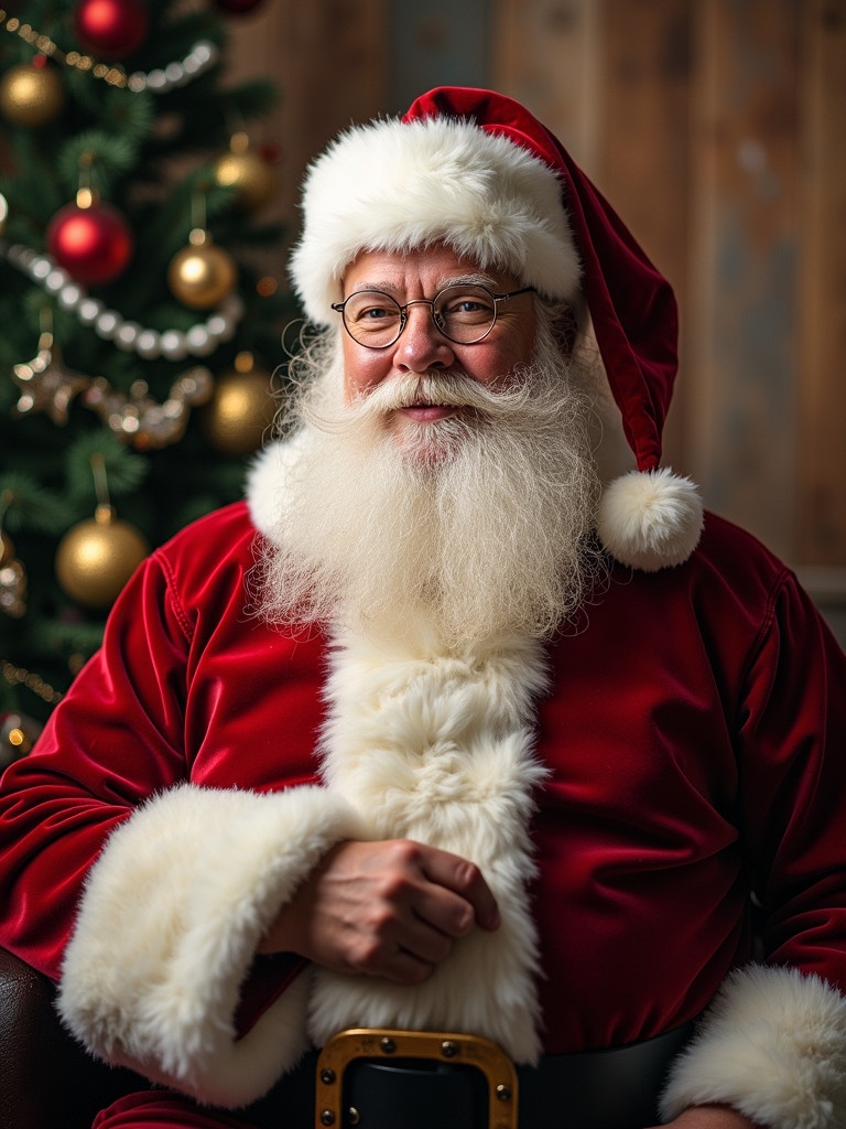 A man dressed as Santa Claus. He has a red suit with white trim. He sits in a cozy environment with festive decorations. A Christmas tree with ornaments is in the background.