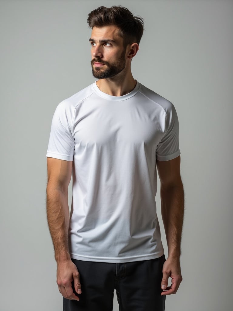 Man is wearing a fitted white sports shirt. The model displays fit body. The background is neutral to emphasize the clothing.