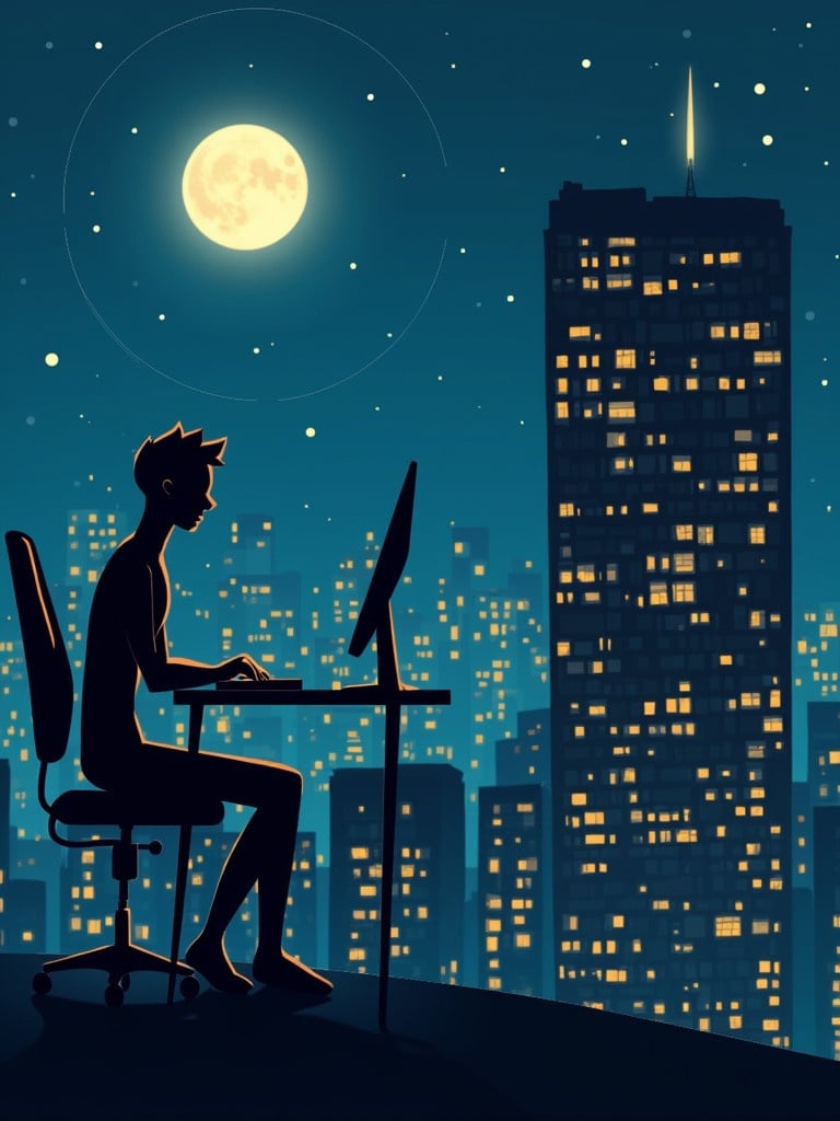 A stick figure outlines a muscular character typing on a computer at night. The setting is a 32-story building surrounded by a cityscape. The computer screen glows in the darkness. The scene is illuminated by a moon in the background.