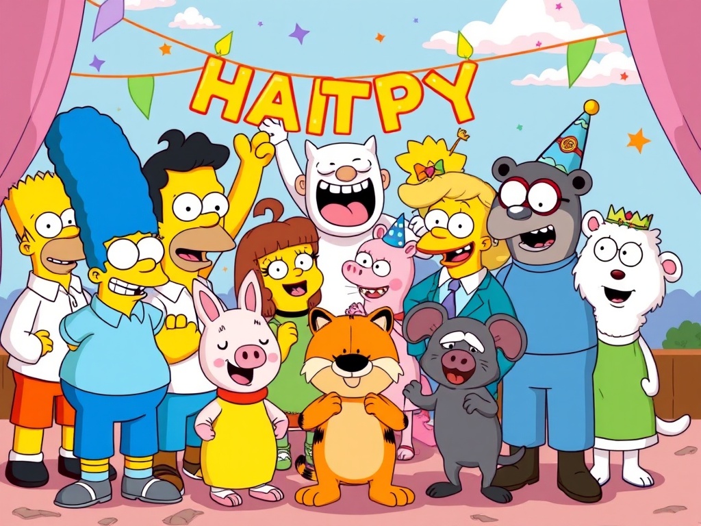 This vibrant image showcases a group of animated characters standing joyfully in front of a colorful backdrop with the word 'HAITPY' above them, possibly meant to read 'HAPPY.' The ensemble includes a mix of humanoid and animal-like characters clad in bright party outfits, some wearing party hats. The background features a whimsical, playful setting with pastel colors, suggesting a festive and heartwarming occasion.