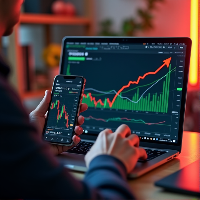 A person is monitoring stock charts on a smartphone and laptop screen.