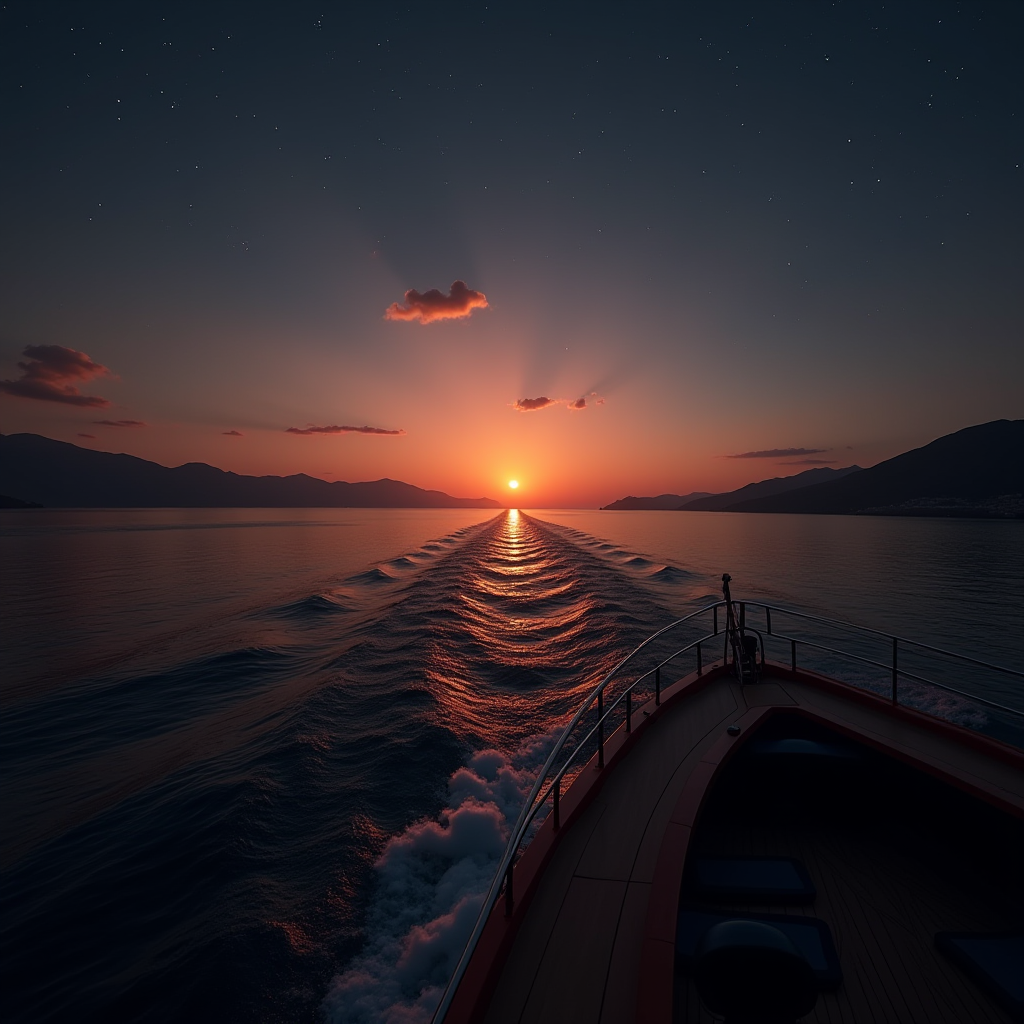 A serene sunset view from the bow of a boat with vibrant sky and calm waters.