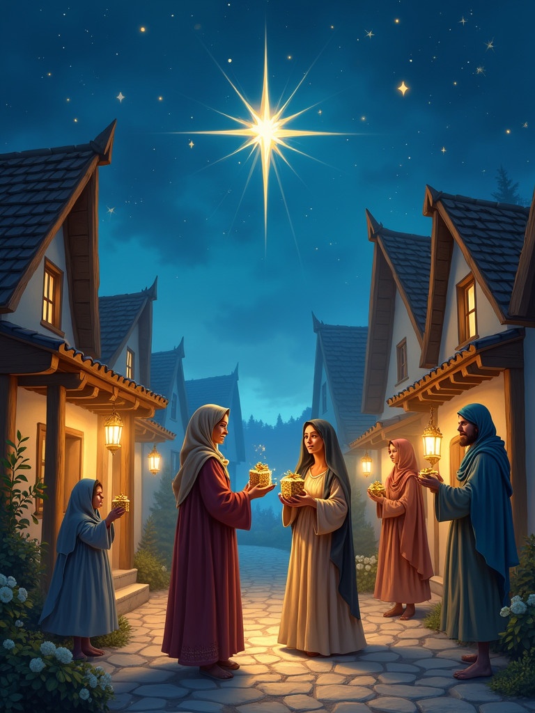 Illustration of three wise men bringing gifts to Montserrat in a magical village. The scene is at night with a bright star shining. Montserrat shows a grateful expression as she receives ornate golden gifts. The village features cozy buildings with glowing lanterns and cobblestone streets, creating a magical atmosphere.