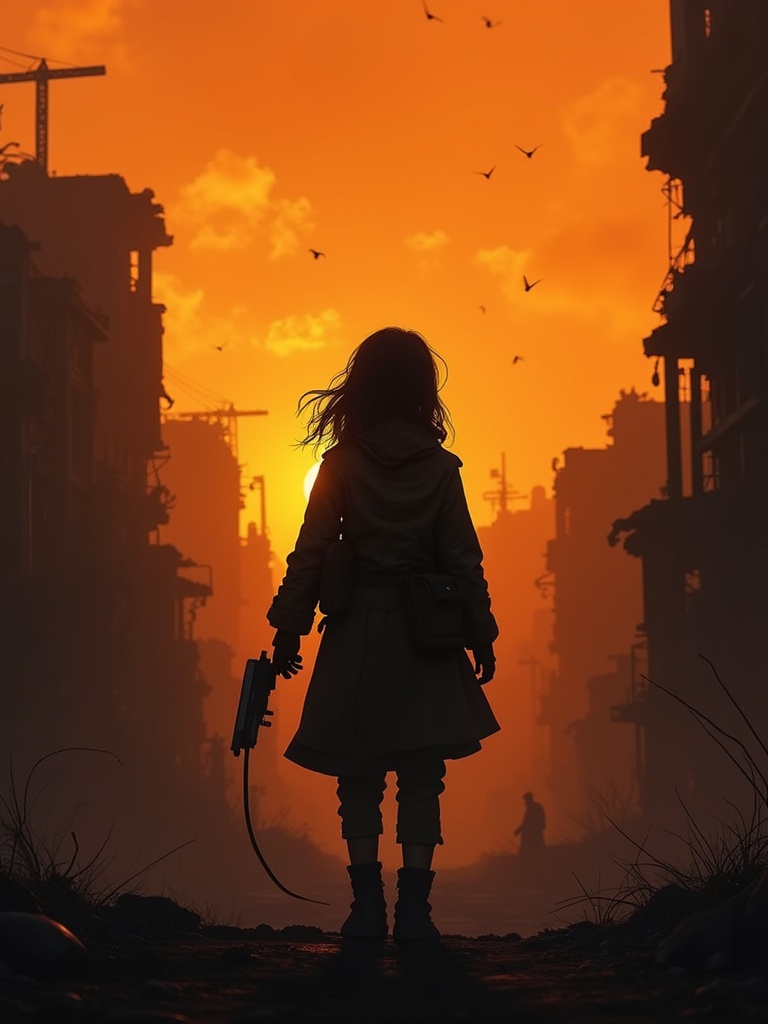 A girl in military clothing stands silhouetted against a crumbling city. The sky is smoky orange from the setting sun. Birds fly in the background. The scene evokes a post-apocalyptic atmosphere.