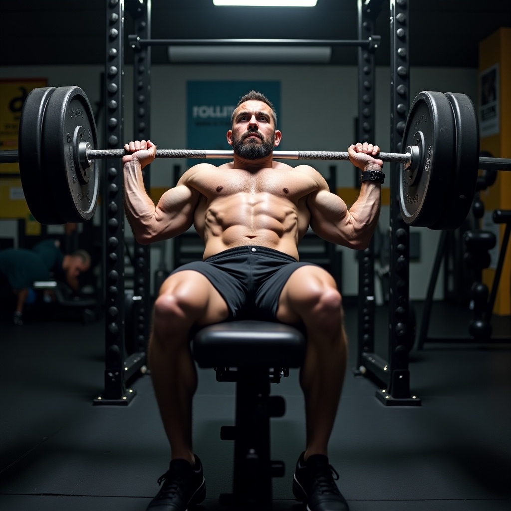 A muscular man is performing a bench press in a gym setting. He is lifting a heavy barbell with impressive form. The gym is well-equipped, with weights and fitness machines visible in the background. Bright lighting emphasizes his defined muscles and intense focus. This scene captures the dedication and strength involved in weightlifting.