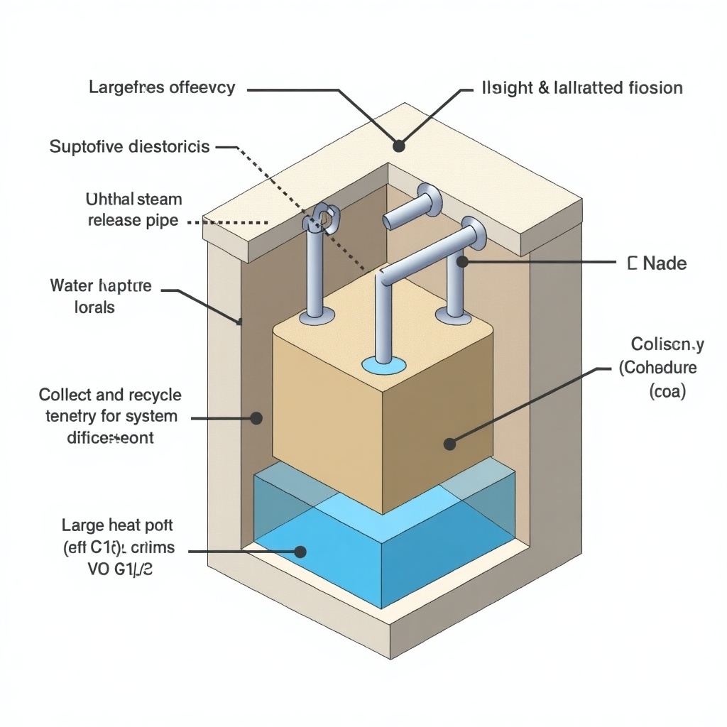 Detailed schematic diagram for a sand battery design. Core features a central steam release pipe. Below is a water capture basin for recycling water. Walls and roof are insulated. Large heat pipes are at the top for heat distribution. Layout focuses on sustainable engineering.