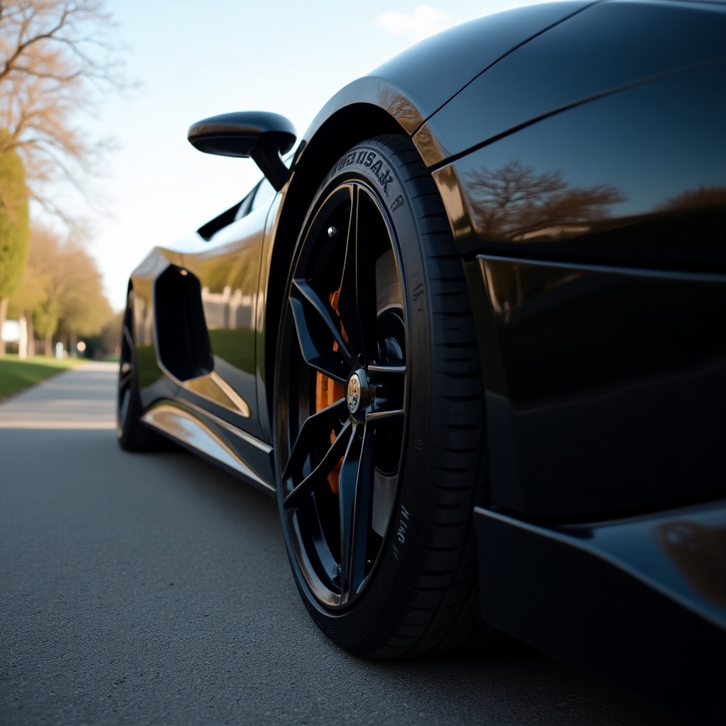 The image showcases a close-up view of a sport car's rim and tyre. The vibrant black color of the car is highlighted, with attention to the sleek design of the rim. Soft shadows are cast on the road, enhancing the depth of the photograph. The angle emphasizes the performance aspects of the vehicle. This image conveys speed and luxury associated with high-performance cars.