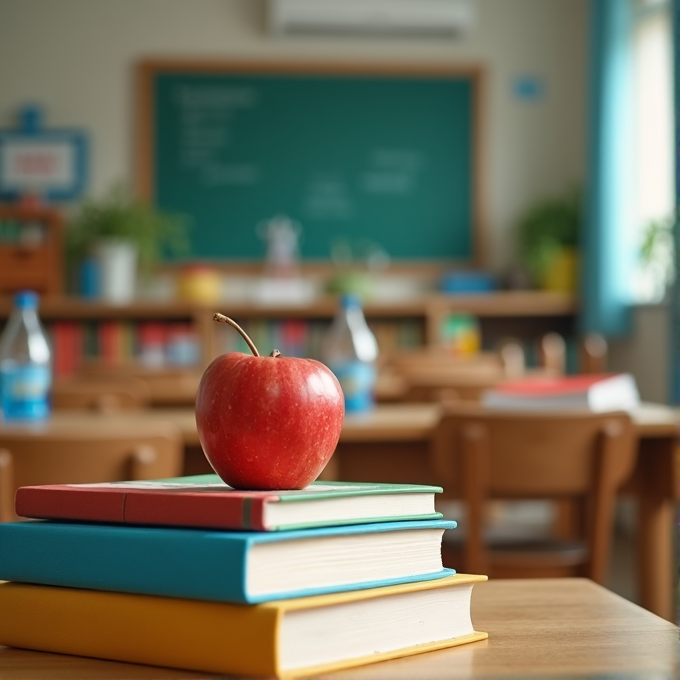 A red apple sits atop a stack of colorful books on a wooden desk in a bright classroom with a blurred chalkboard and rows of chairs in the background.