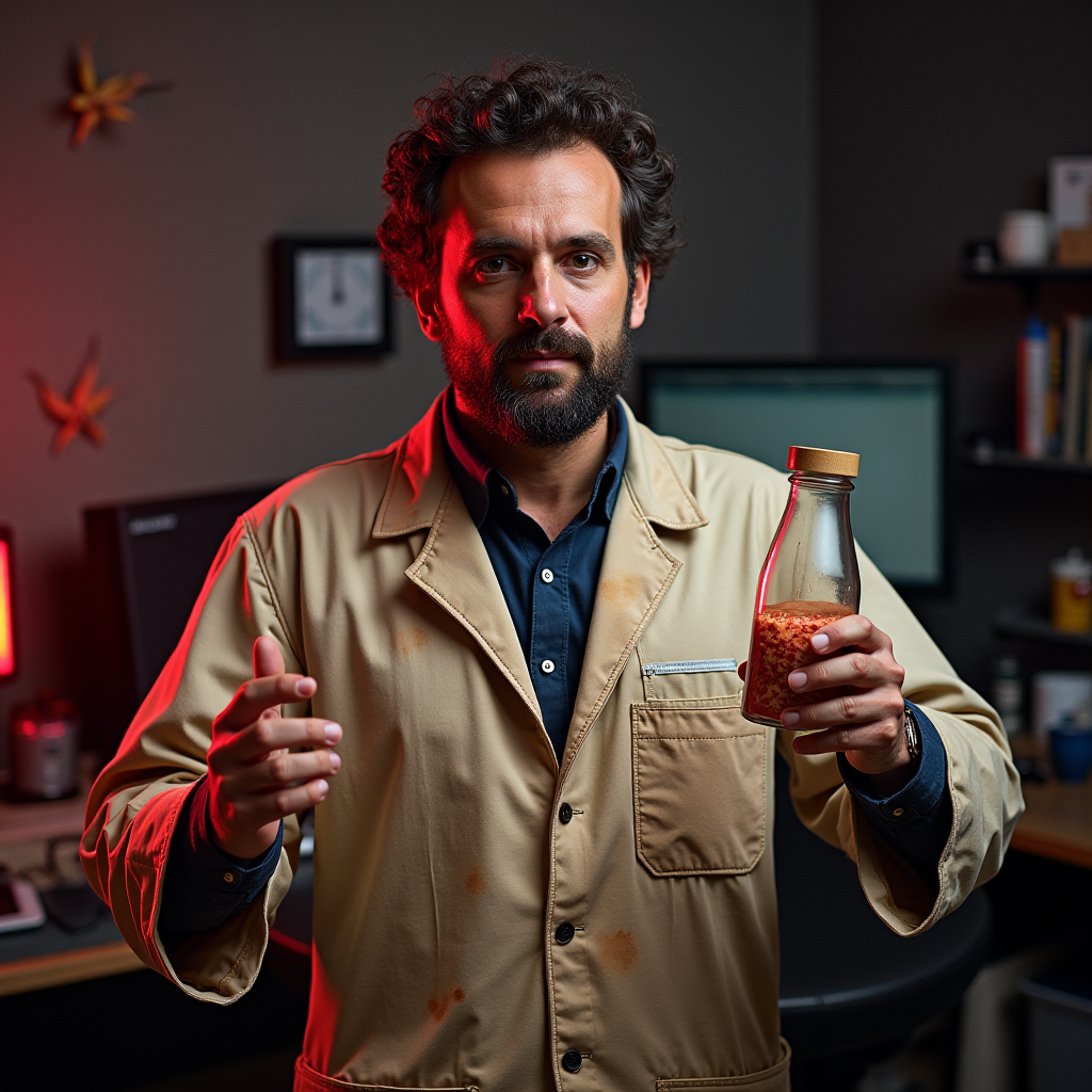 A bearded man in a lab coat holds a bottle filled with a red substance in a dimly lit room.