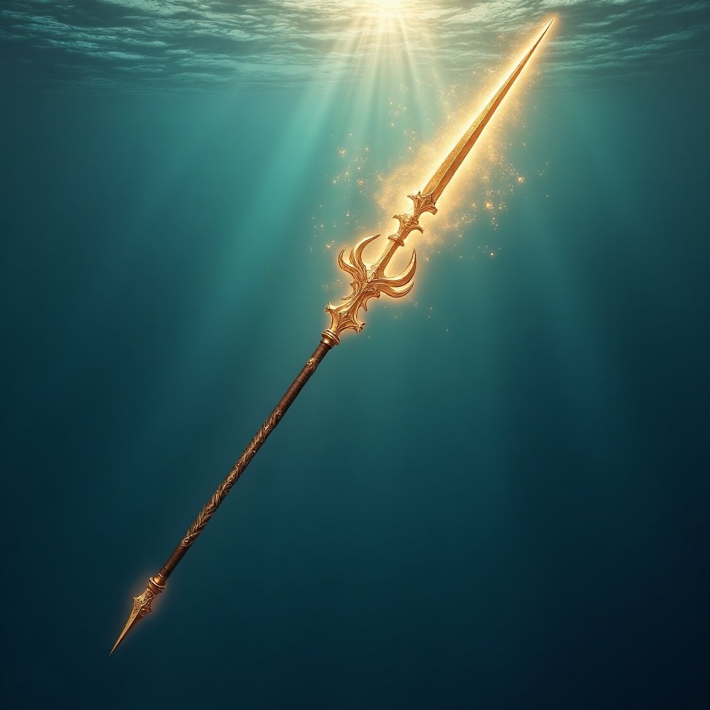 A fantasy spear with intricate designs appears in the center of the ocean. The spear has a long golden shaft and a pointy tip, surrounded by a magical aura. Soft light beams penetrate the water.