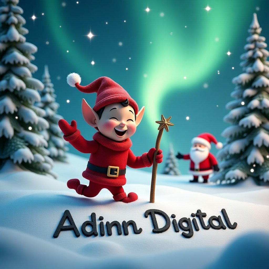 A winter wonderland scene features a Google elf in a red outfit writing 'Adinn Digital' in the snow with a stick. The elf is joyful, surrounded by snow-covered pine trees and sparkling northern lights. Santa Claus appears in the background, enhancing the Christmas vibe. The image radiates warmth and holiday spirit.