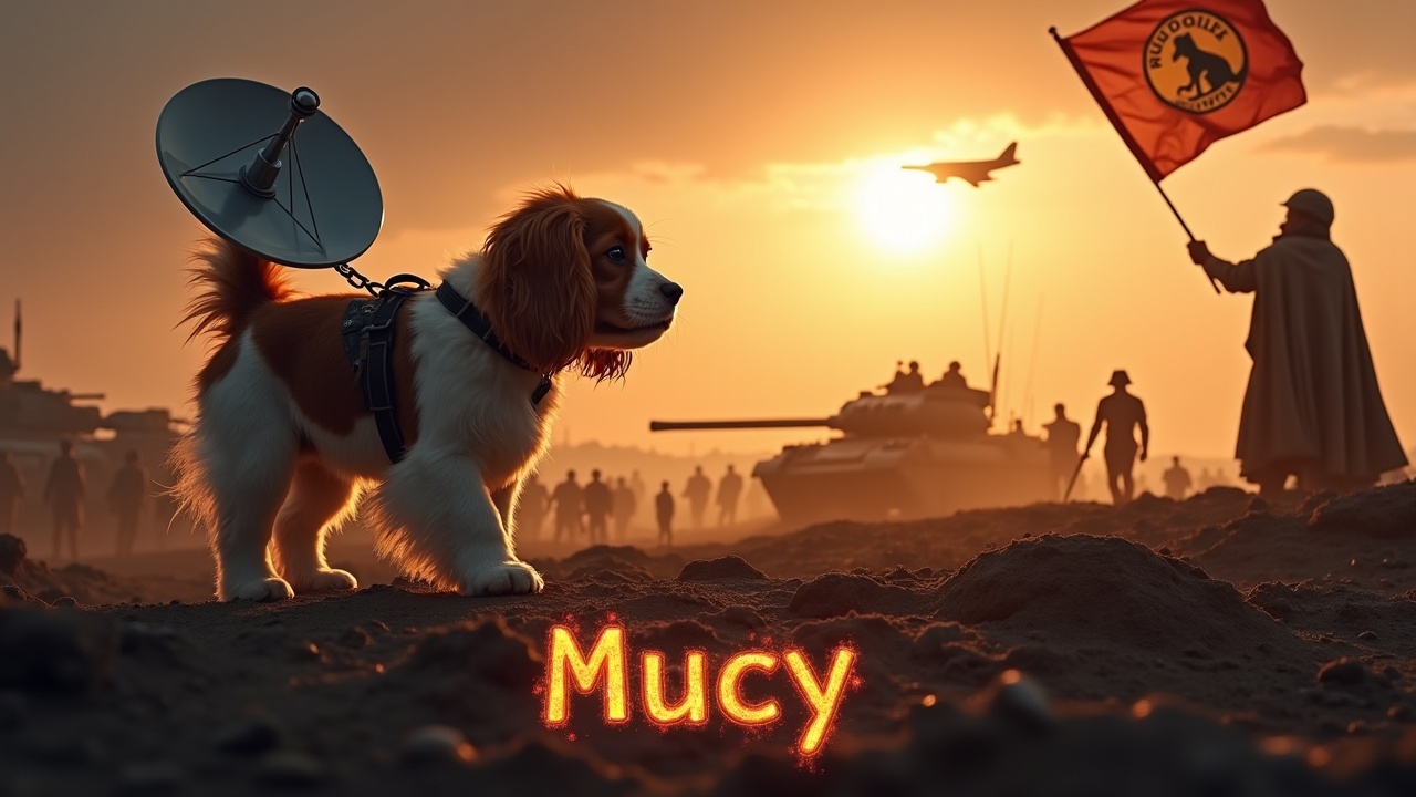 In a dramatic and awe-inspiring scene, a fluffy brown and white cavalier king charles spaniel walks across a dark, desolate battlefield. There is a radar dish strapped to its back. Nearby, a figure wearing a cloak stands valiantly holding a flag with a dog emblem. In the background are a multitude of small soldiers holding rifles as well as tanks, barely visible among the shadows. The sky is lit by the bright radiance of the sun. A jet fighter passes overhead. At the bottom, we see the text 'Mucy' boldly displayed, in fiery writing.