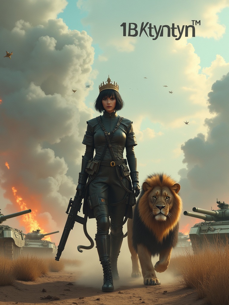 Ethereal battlefield with tanks and aircraft in the background. Bright sky with smoke and fire. A fierce woman in a black military uniform holds a long gun. A lion walks beside her. Words '1BKtyntyn' are in the sky.