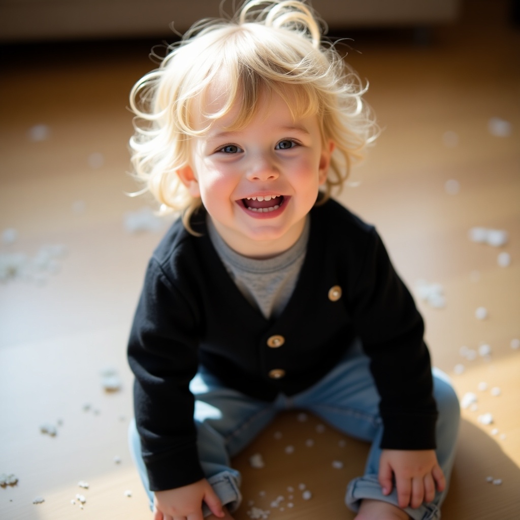 Image shows a joyful toddler sitting on the ground with a smile. Child has tousled blonde hair wearing a black sweater over a gray shirt and light blue jeans. The floor is lightly dusted with fine material. Soft warm lighting highlights the child's happy expression. Scene captures childhood joy and innocence.