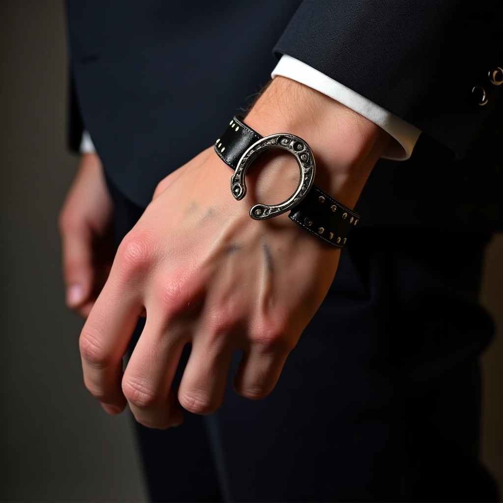 The image showcases a man's hand adorned with a stylish Horse Shoe Bracelet. The bracelet is black with metallic elements, creating a striking contrast against the skin. The hand is neatly groomed, contributing to a sophisticated look. The subject is dressed in a formal outfit, highlighting the jewelry's elegance. This close-up shot captures the intricate details of the bracelet, emphasizing its unique design and craftsmanship.