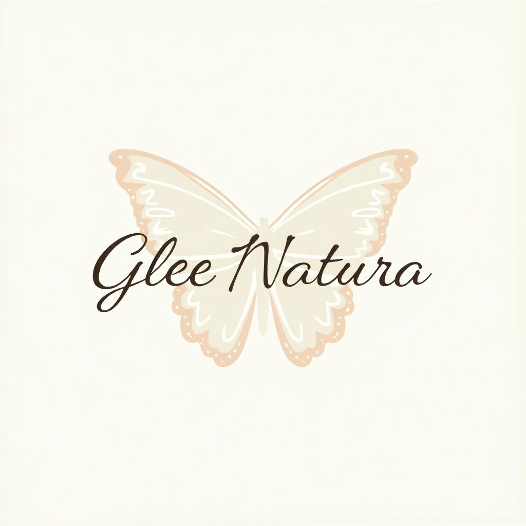 Design a premium primary logo for Glee Natura. Blend the outline of an angel or butterfly with elegant script fonts. Logo represents care, transformation, femininity. Evokes luxury, sustainability, eco-consciousness. Maintain graceful, modern aesthetic. Use rich tones like emerald green, gold, blush pink, lavender. Ensure versatility across various mediums.