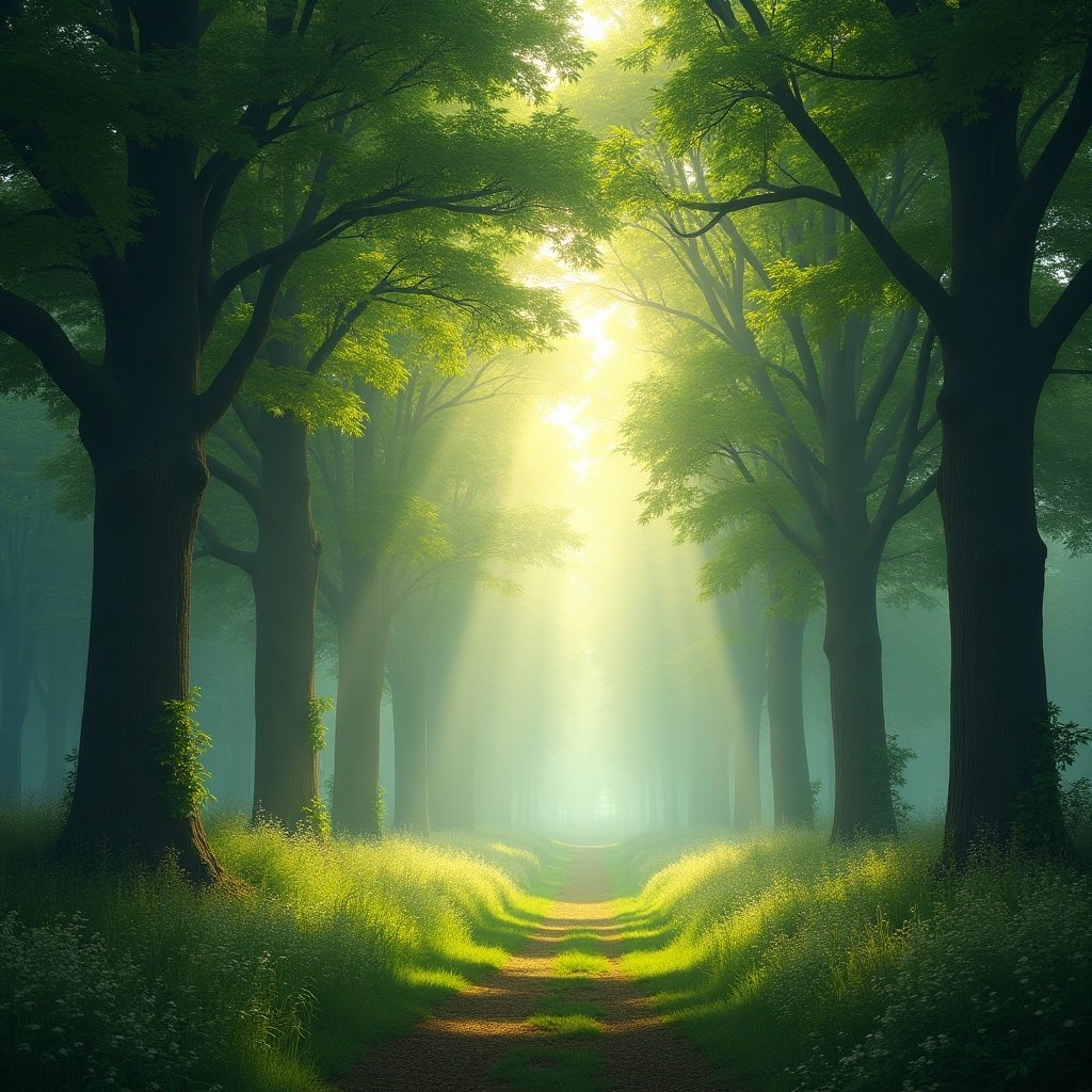 A serene forest landscape with tall green trees. Sunlight streams down through the branches creating magical illumination. A winding pathway leads through lush grass. The atmosphere is peaceful and calming, evoking feelings of tranquility and connection to nature.