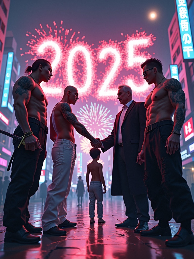 Highly realistic digital artwork depicting climactic urban scene surrounded by neon-lit buildings. Five powerful Japanese gang leaders shake hands. Leaders include muscular woman with tattoos and sword, bald gangster king in white shirt, wiry teenage gangster with tattoos and samurai sword, sharply dressed young man in suit with sunglasses, and towering tattooed sumo wrestler. Gangs unify behind them. Night sky illuminated by vibrant fireworks. Glowing numbers '2025' displayed. Handshake symbolizes truce or alliance. Dynamic lighting captures festive glow adding depth to urban setting.