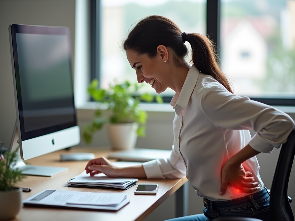 A woman experiencing back pain while working at her desk in an office setting, holding her lower back and smiling despite the discomfort.