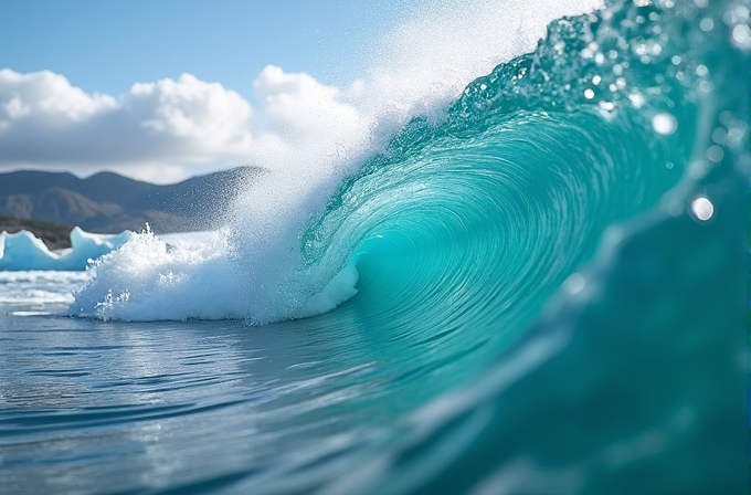 A large, blue ocean wave curls beautifully with distant snowy mountains under a cloudy sky.