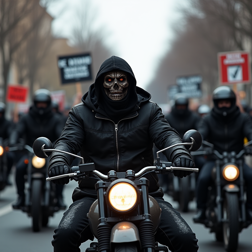 A motorcyclist in a skull mask leads a procession of bikers, each wearing black, amidst a backdrop of protest signs.