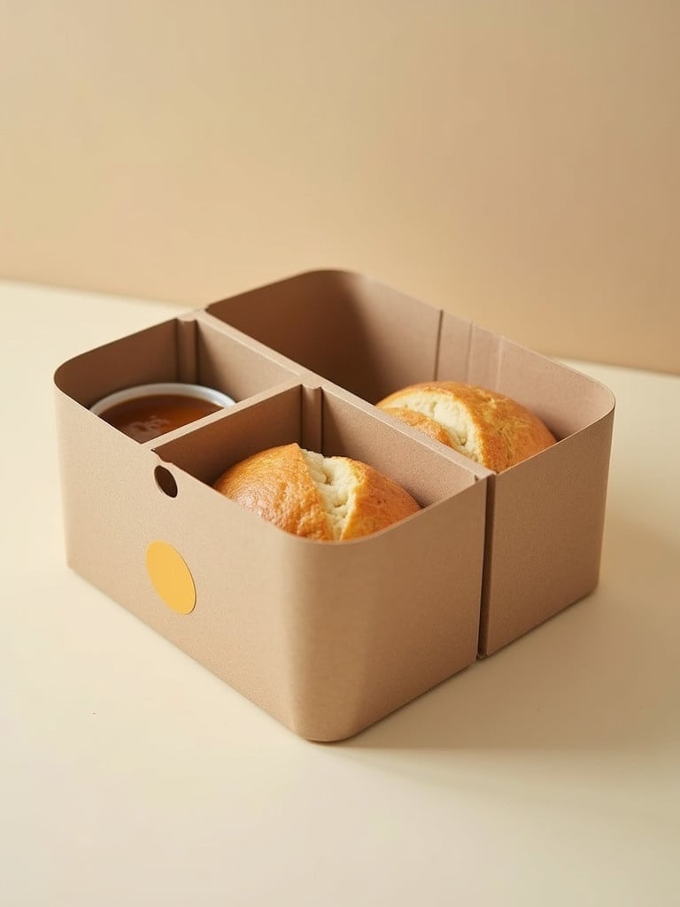 Box designed for food packaging featuring one compartment for liquid and two for bread. Easily portable for consumers.