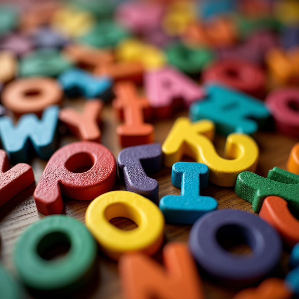 The image showcases a scattered collection of colorful wooden letters. Each letter is painted in a bright, vibrant hue such as red, blue, yellow, green, and purple, creating a visually stimulating and playful aesthetic. The letters appear to be randomly arranged on a wooden surface, suggesting a child's playroom or an educational setting. The texture of the wood and the matte finish of the letters add to the image's tactile quality.