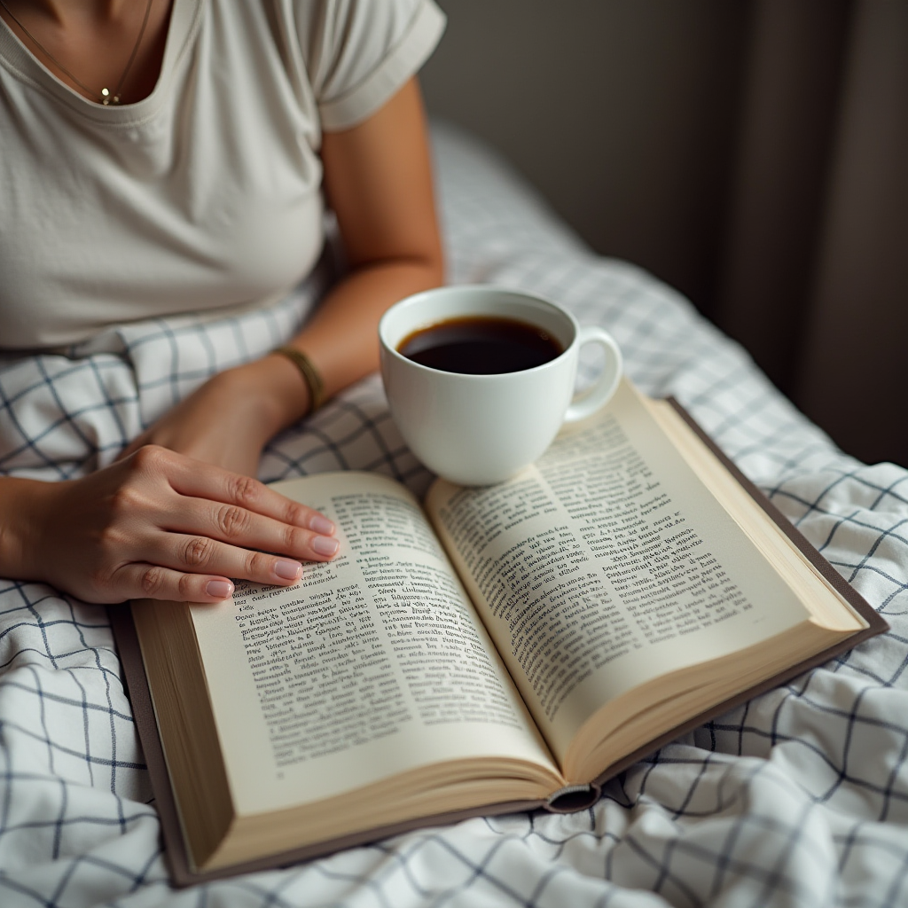 A person holding a cup of coffee while reading an open book on a bed.