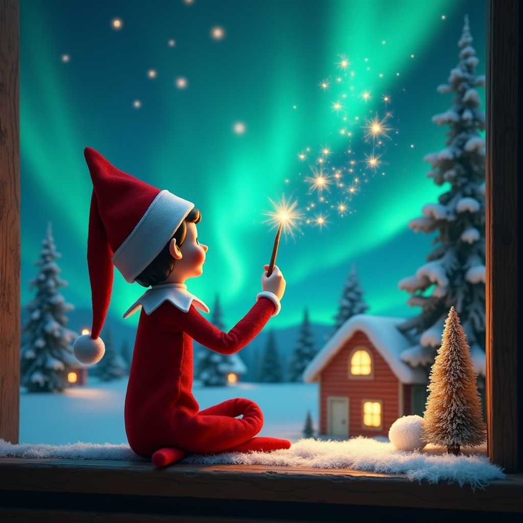 The image depicts an elf sitting on a window ledge with his back to the viewer. He is facing the icy blue sky filled with shimmering northern lights, using a magical wand to spell out the word 'Sutton'. The background features a cozy Christmas village with brightly lit houses and snow-covered trees. Twinkling stars enhance the magical atmosphere, making it a perfect holiday scene. The overall vibe is whimsical and festive, inviting viewers into the enchanting world of Christmas.