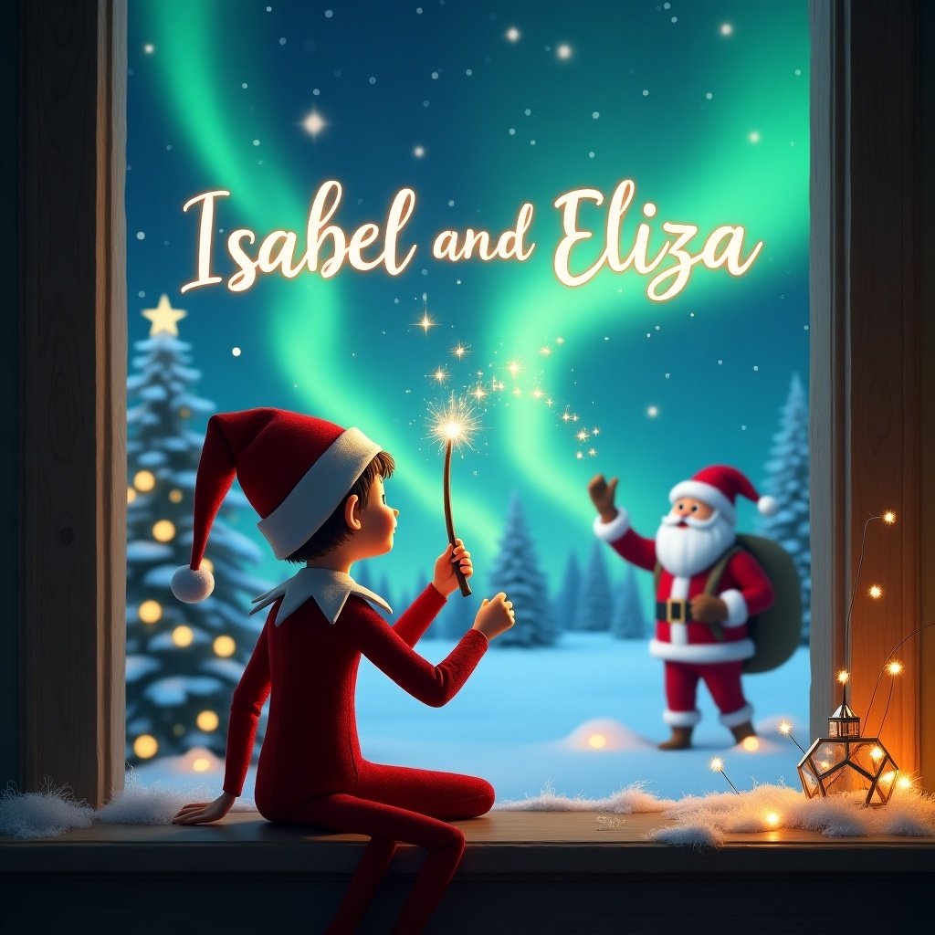 An enchanting Christmas scene features an elf on the shelf with his back to the viewer. The elf is facing the breathtaking northern lights and is using a magic wand. In the air, the elf elegantly writes the names 'Isabel and Eliza'. In the background, Santa Claus is visible, adding to the festive atmosphere. The cozy room showcases holiday decorations and a window revealing a winter wonderland outside. A soft sparkle emanates from the wand, enhancing the magical vibe of the image.