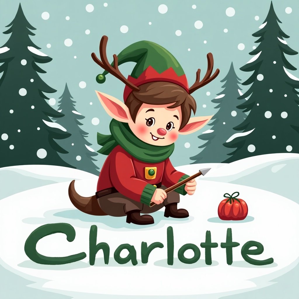 Elf in reindeer outfit writing Charlotte in the snow. Snowy landscape with evergreen trees in background.