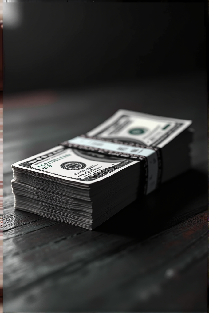 A bundle of hundred-dollar bills neatly stacked on a wooden surface in dramatic lighting.